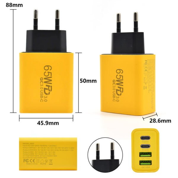 GaN PD 65W Quick Charger 2USB 2Type C Power Adapter QC 3.0