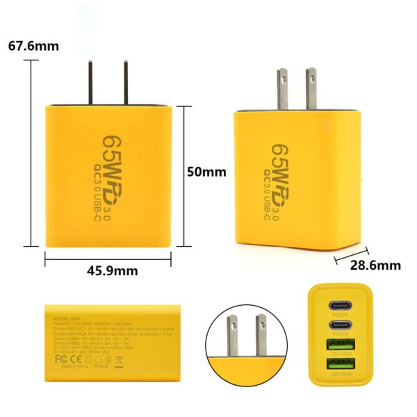 GaN PD 65W Quick Charger 2USB 2Type C Power Adapter QC 3.0